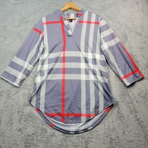 St. Jubileens Womens Blouse Size Medium Plaid Roll Tab Sleeve V-Neck